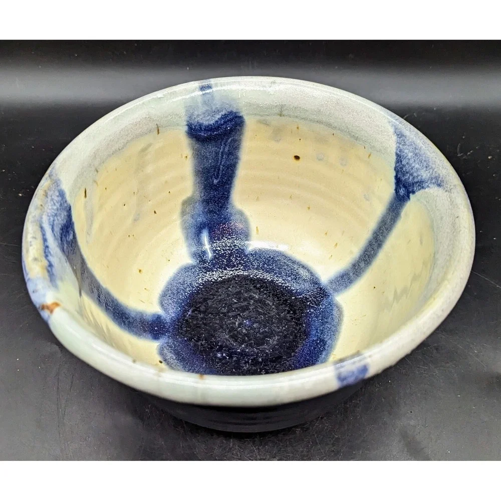 Vintage Handmade Studio Art Pottery Blue Drip Glaze Decorative Bowl Signed 7.5